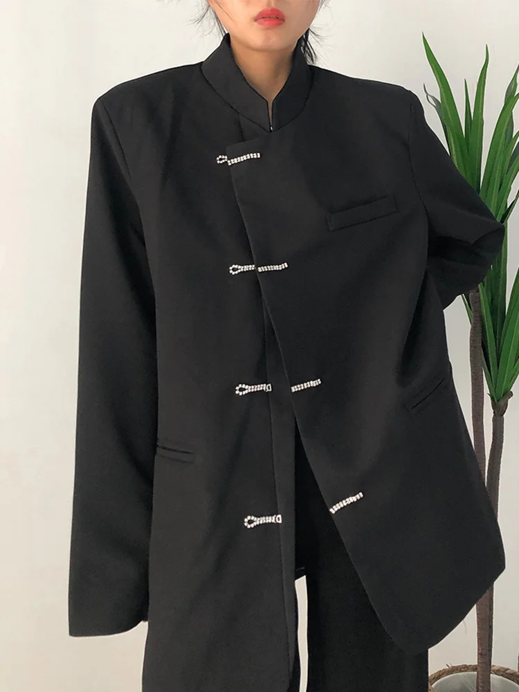 Women Black Buckle Big Size Casual Blazer New Stand Collar Long Sleeve Loose Jacket Fashion Spring Autumn 2022  C354