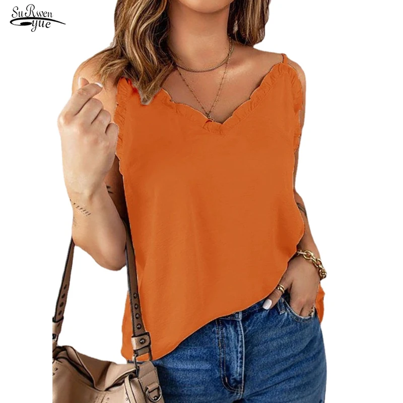 

Повседневный Свободный Топ с V-образным вырезом, новинка весны и лета, Женский однотонный жилет с оборками, блузка без рукавов, женская одежд...