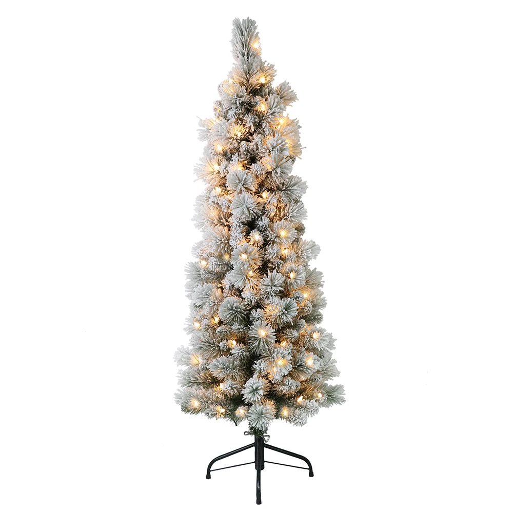 

Puleo International 4.5 Ft. Pre-Lit Flocked Portland Pine Pencil Artificial Christmas Tree with 100 UL- Listed Clear Lights