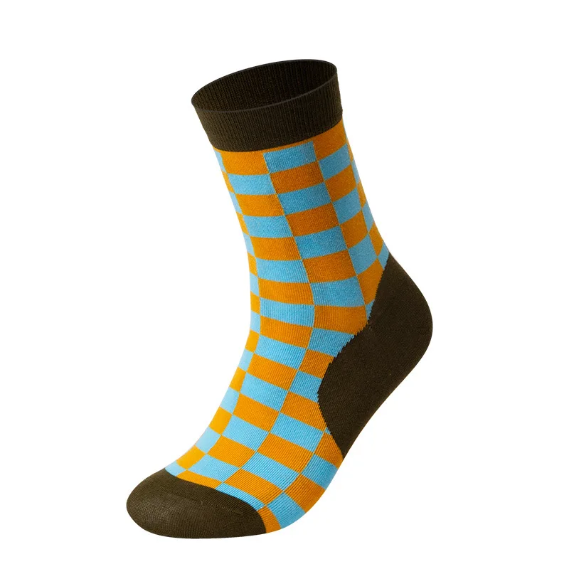 Men's latest design pure cotton medium tube socks high-quality business geometric lattice color men's breathable cotton socks