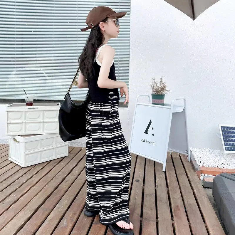 Children Clothing Sets Tank Top And Chiffon Pants Striped Print Straight Casual Girls Summer Cool Two Pieces Costumes 4-14Years