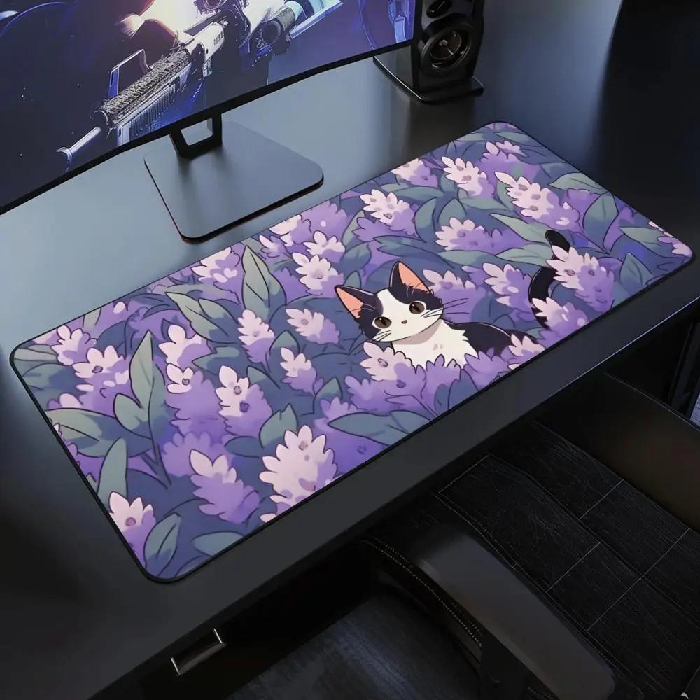 Игровой коврик для мыши с фиолетовыми цветами большой белый кот компьютерный
