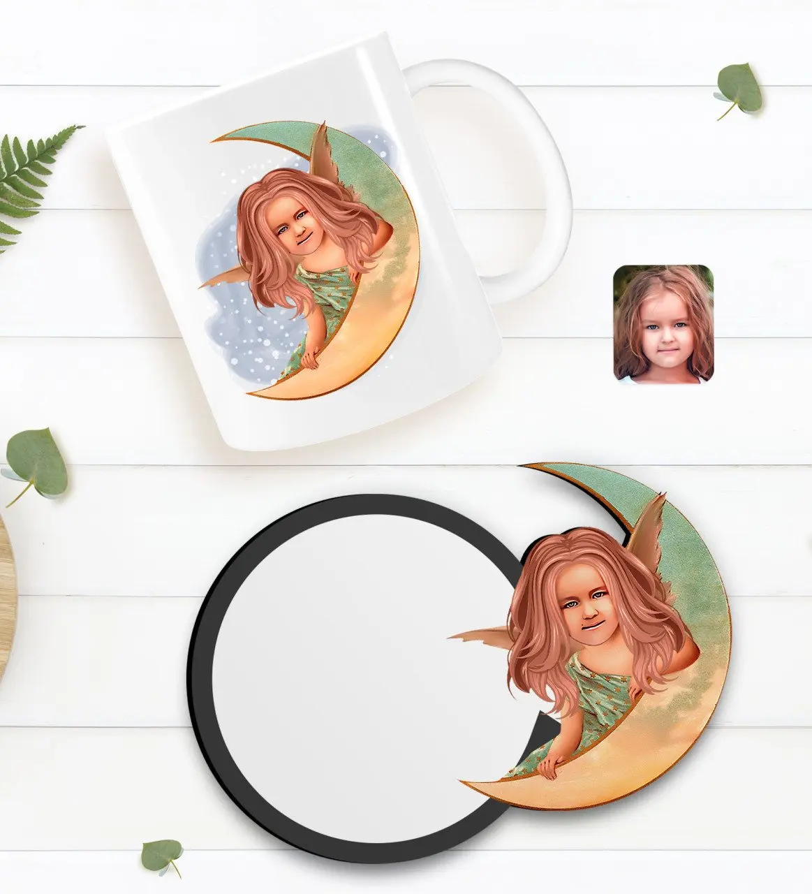 

Персонализированный женский ребенок Ангел карикатура белая кружка и деревянные подставки подарок Seti-1