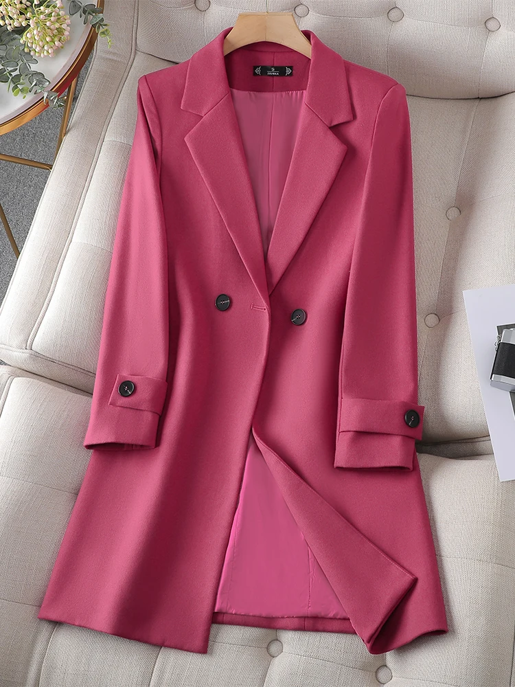 

Women Autumn Winter Outwear Blazer Pink Black Navy Solid Office Ladies Female Long Formal Work Wear Jacket Coat With Sashes