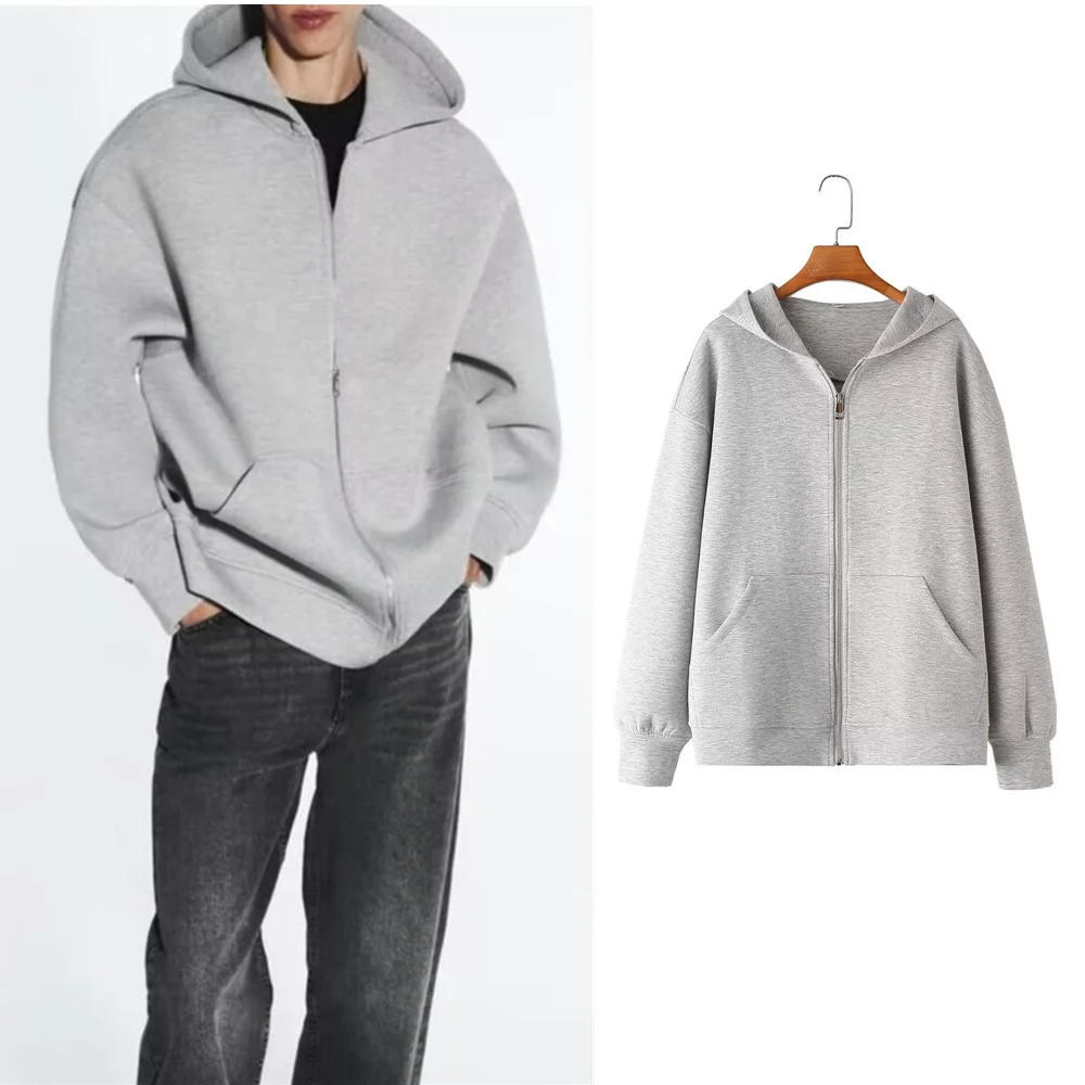 

Новинка 2023 года, осенняя Повседневная Свободная серая толстовка на молнии с капюшоном, куртка, шикарные топы для женщин 8073221