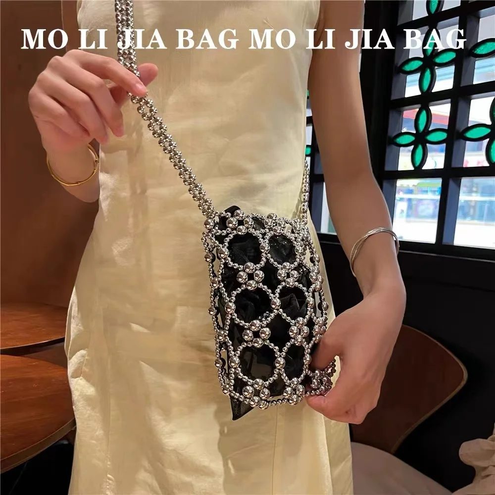 Женская плетеная Сумка-мешок ручной работы с блестящими бусинами