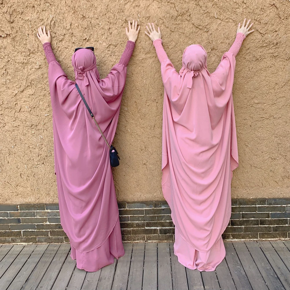 Ramadan Eid Jilbab Two Piece Muslim Set Prayer Garment Nida Abaya Dress Women Long Khimar Hijab Robe Kaftan Niqab Islam Clothes