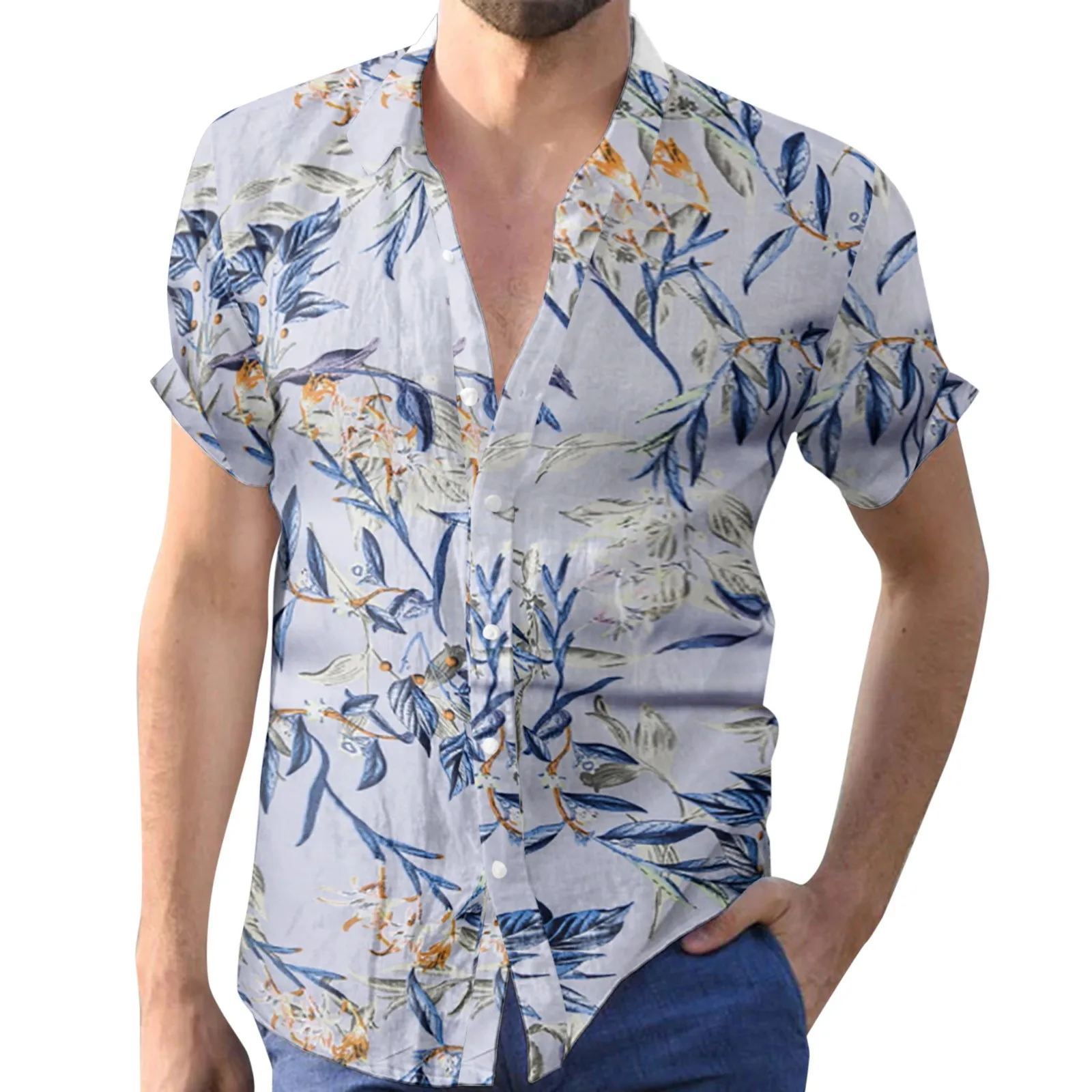 

T Shirts Solid Colors Men Men Spring and Summer Tops Floral Colorful Print Loose Lapel Top Shirt Blue Button down Shirt Blue Tee