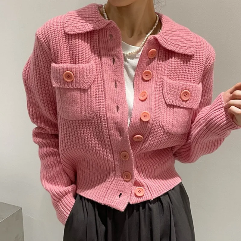 

Женский однобортный короткий свитер, повседневный вязаный кардиган с отложным воротником в Корейском стиле, Осень-зима