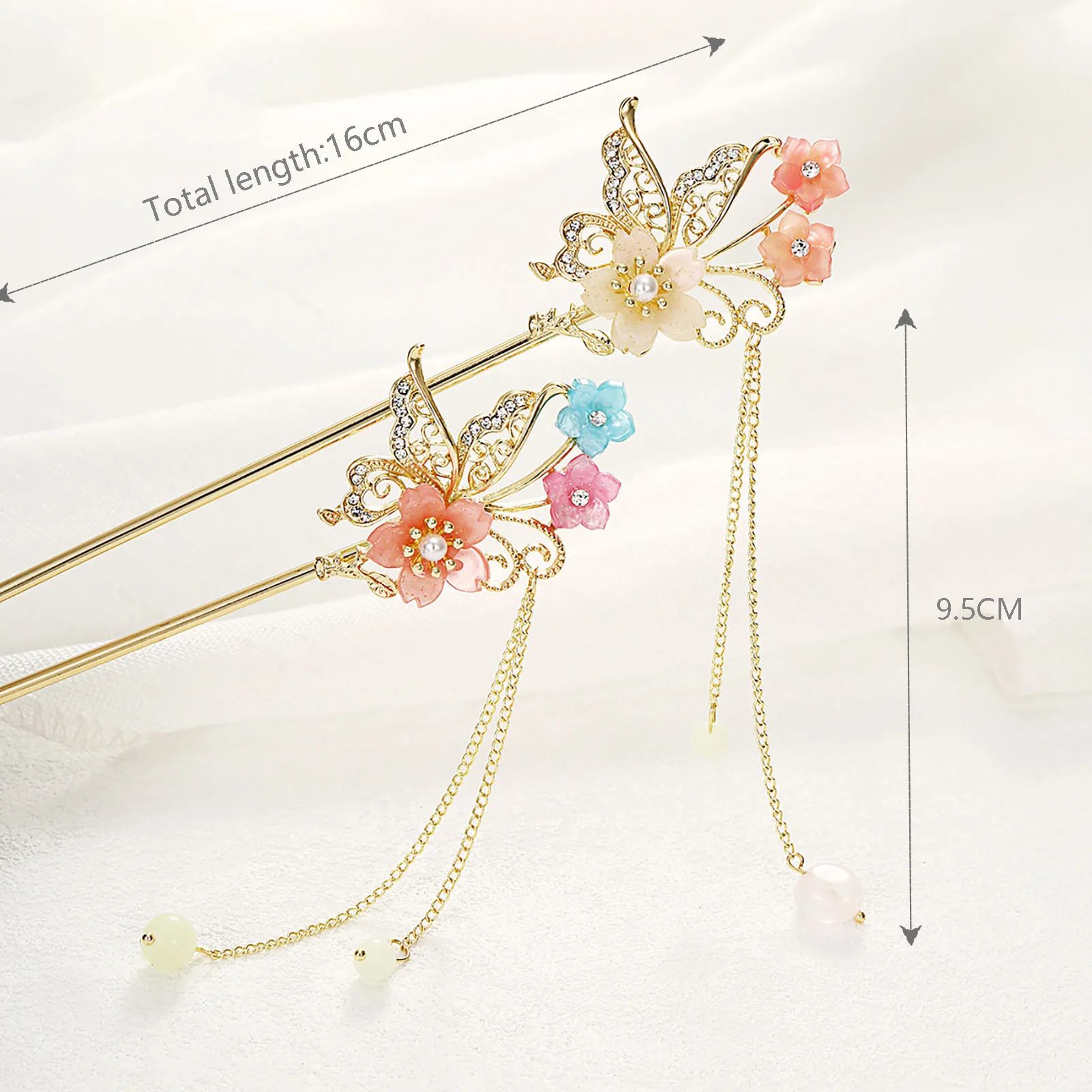 

Hanfu Matching Tassel Hairpin Gentle Color Flower Headwear with Rhinestones for Friends Girlfriend Wife Novel Gift