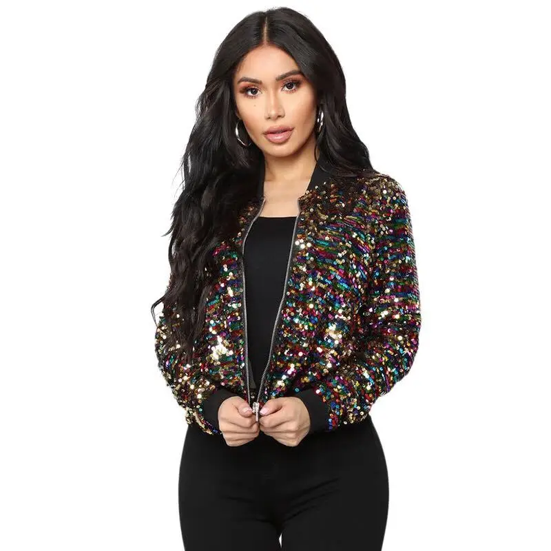 

WTEMPO Women Crop Bomber Jacket Gradient Color Sequins Baseball Coat Beaded Sequined Zipper Pilot Cardigan Short Dance Outwear