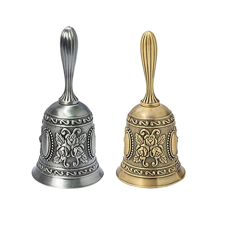 

2X Hand Bell, Metal Tone Ring Alarm Hand Hold Service Call Bell Desktop Bell Tea Dinner Bell Game Bell,Silver & Gold