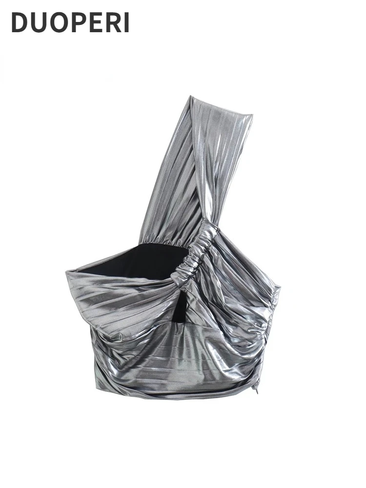 

Модный женский однотонный укороченный топ DUOPERI с металлическим блеском и боковой молнией, винтажный женский шикарный укороченный топ на од...