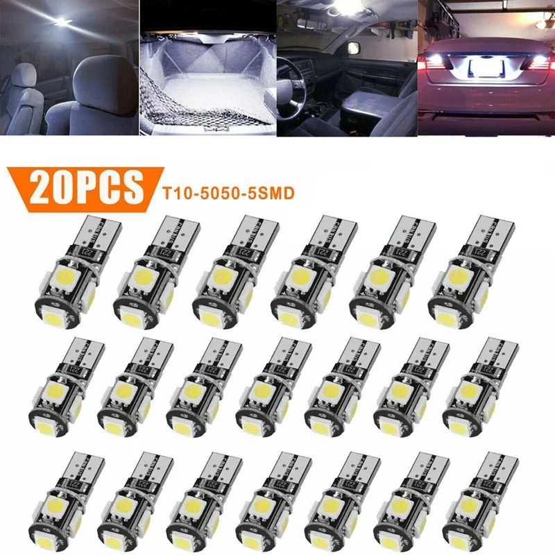 20Pcs Cool White T10 LED Bulb Car Interior License Light 2825 192 194 5050 5 SMD