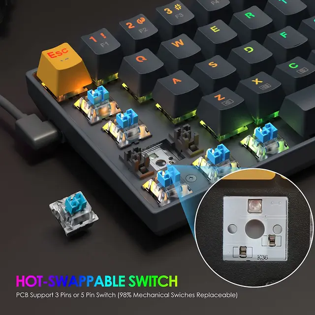 K688 RGB USB Mini Mechanical Gaming Keyboard Blue Switch 78 Keys Wired Detachable Cable,Portable for Travel PC Laptop 4