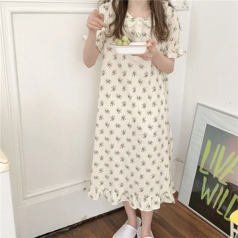 QWEEK Night Dress Women Doll Collar Ruffle Nightgown Blue Apricot Sleepdress Sleepshirts Summer 2021 Fashion Nightie Roomware