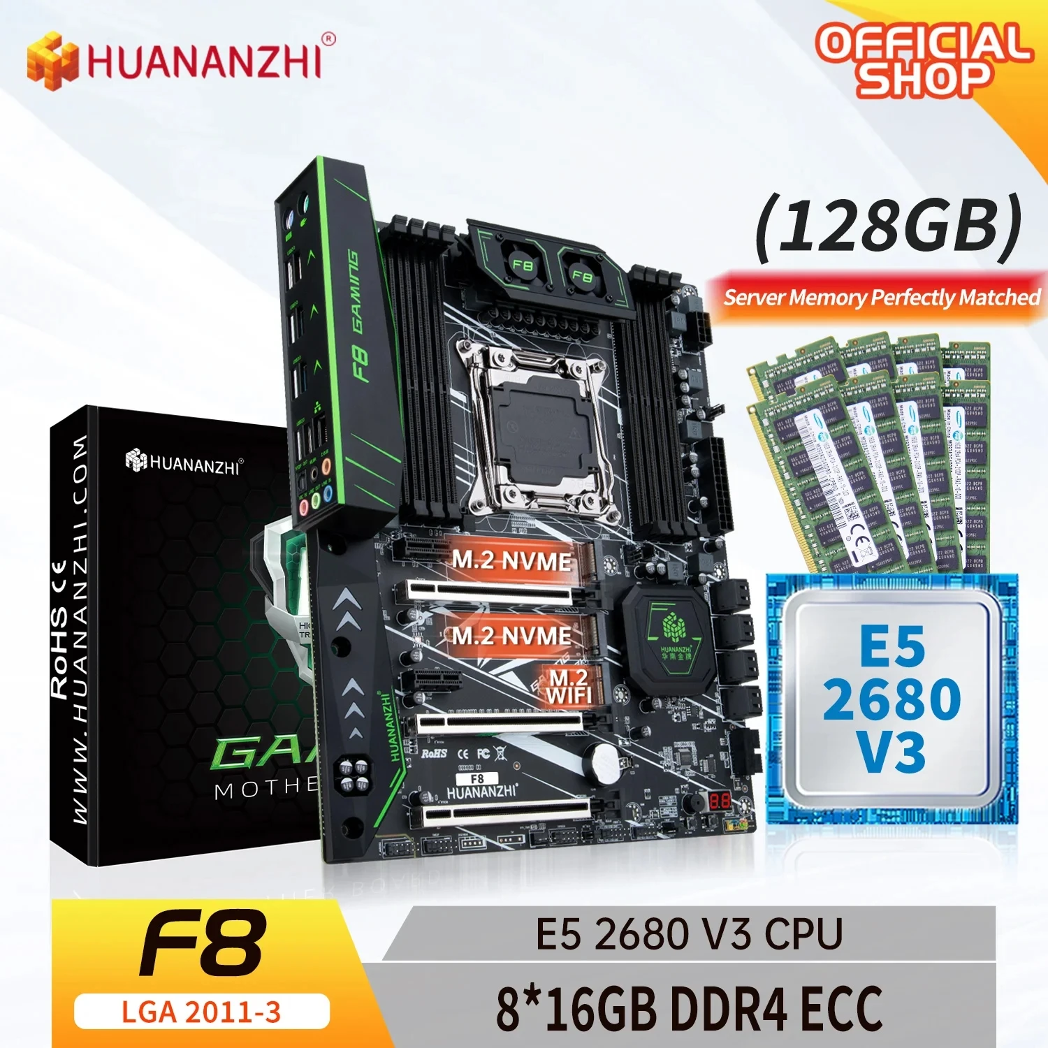 

HUANANZHI X99 F8 LGA 2011-3 XEON X99 материнская плата с Intel E5 2680 V3 с 8*16G DDR4 RECC память комбинированный комплект NVME SATA