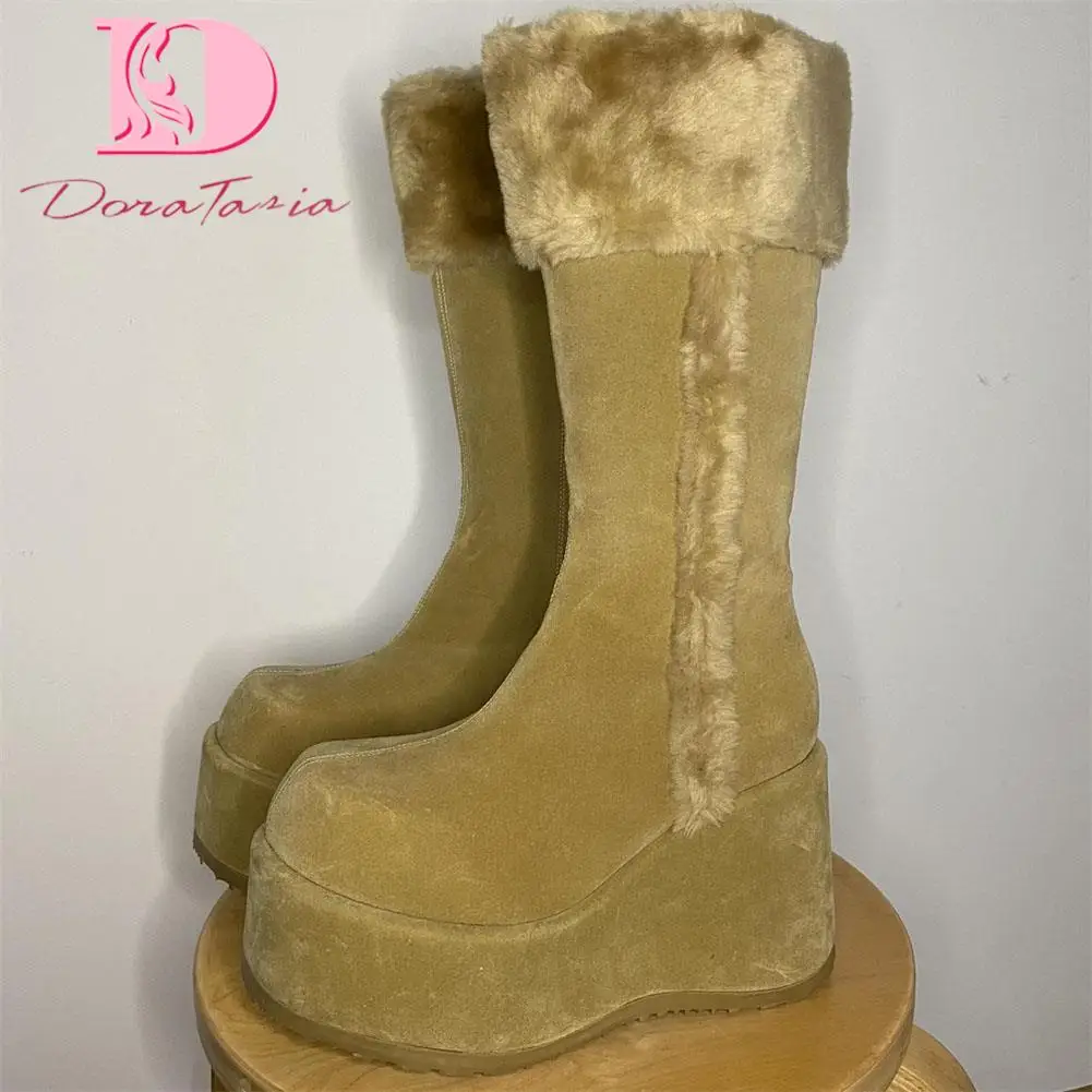 Big Size 35-43 Brand New Ladies Platform Mid-Calf Boots Fashion Zip Faux Fur Wedges High Heels women's Boots Party Woman Shoes