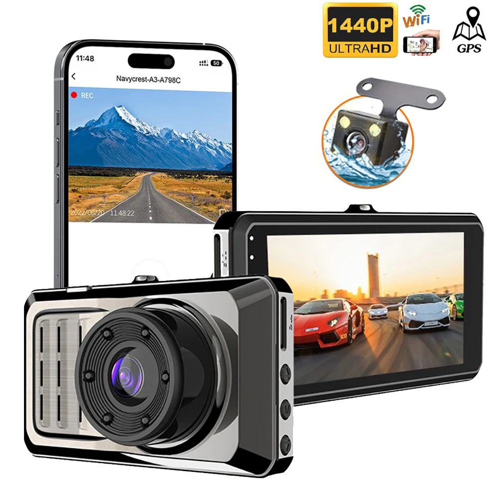 

Автомобильный видеорегистратор 2K 1440P, привод, видеорегистратор с Wi-Fi, GPS, видеорегистратор с камерой переднего и заднего вида, Автомобильный регистратор ночного видения в черной коробке