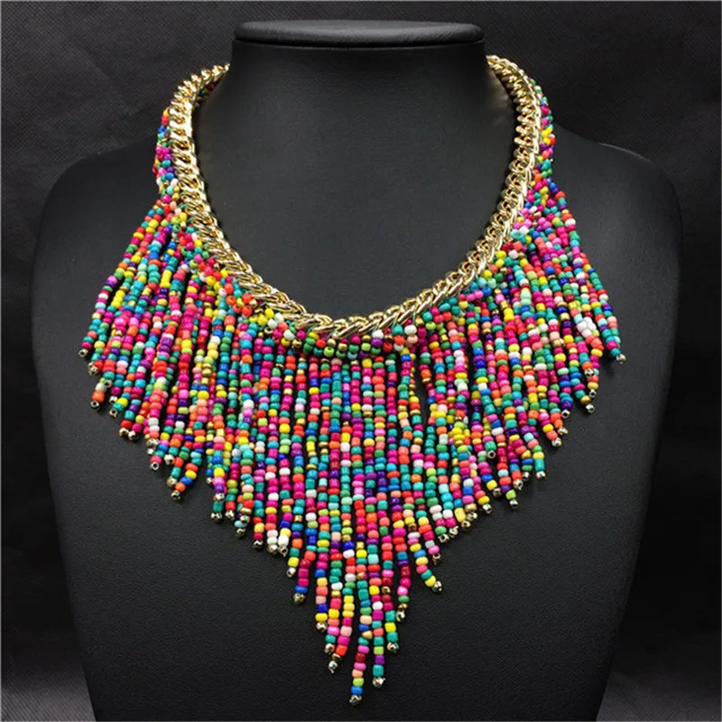 

Shineland Bohemian Necklaces Fashion For Women Jewelry Mujer Handwoven Collier Long Tassel Beads Choker Statement Pendants Gift