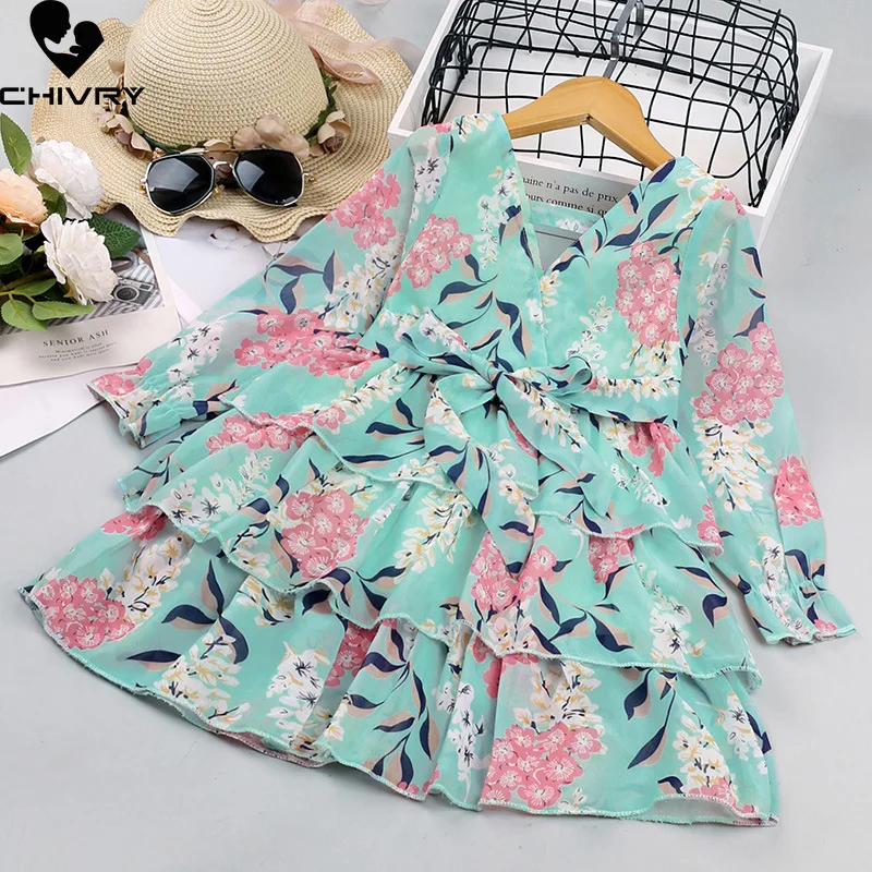 

Summer 2022 Girls Layered Dresses Kids Baby Girls Long Sleeve V-Neck Loose A-line Dress Fashion Floral Print Princess Dresses