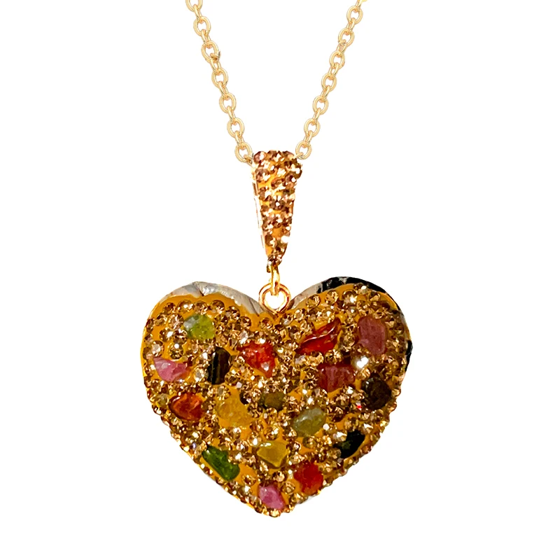 

Rainbow Tourmaline Heart Shape Pendant Necklace for Women Girls Micro Inlay Wedding Party Jewelry with Yellow Rhinestone