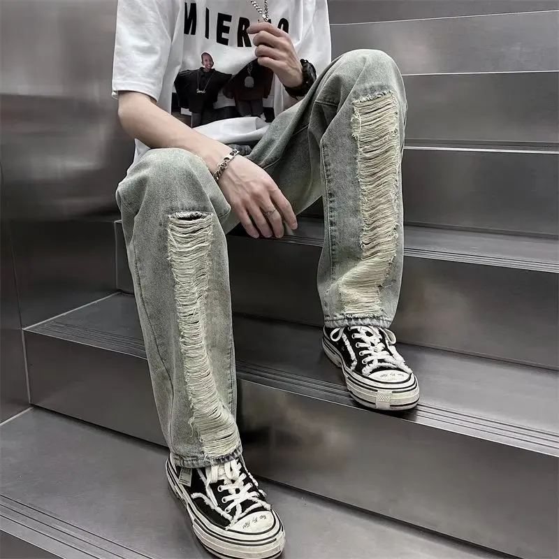 2022 Ropa Hole Ripped Vintage Grunge Men Slim Jeans Pants Streetwear Distressed Washed Hip Hop Denim Trousers Pantalones Hombre