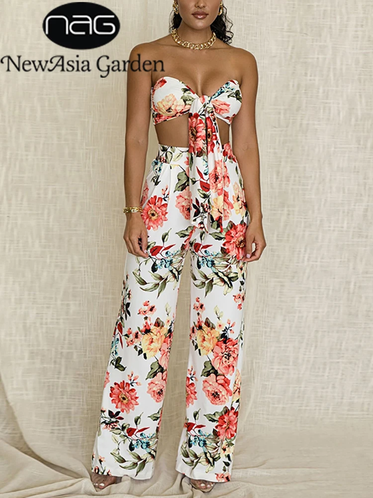

NewAsia Floral Crop Top Long Pant Two Piece Set Women Summer Sexy Off Shoulder Knotted Tops Wide Leg Pants Party 2 Piece Sets