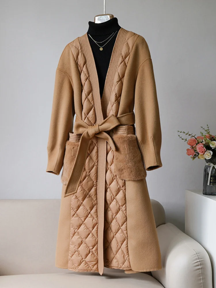 

2023 New Winter Jacket Women Natural Mink Fur Pockets 90% Wool 10% Cashmere Wool Blends Thick Warm Goose Down Long Coat Belts