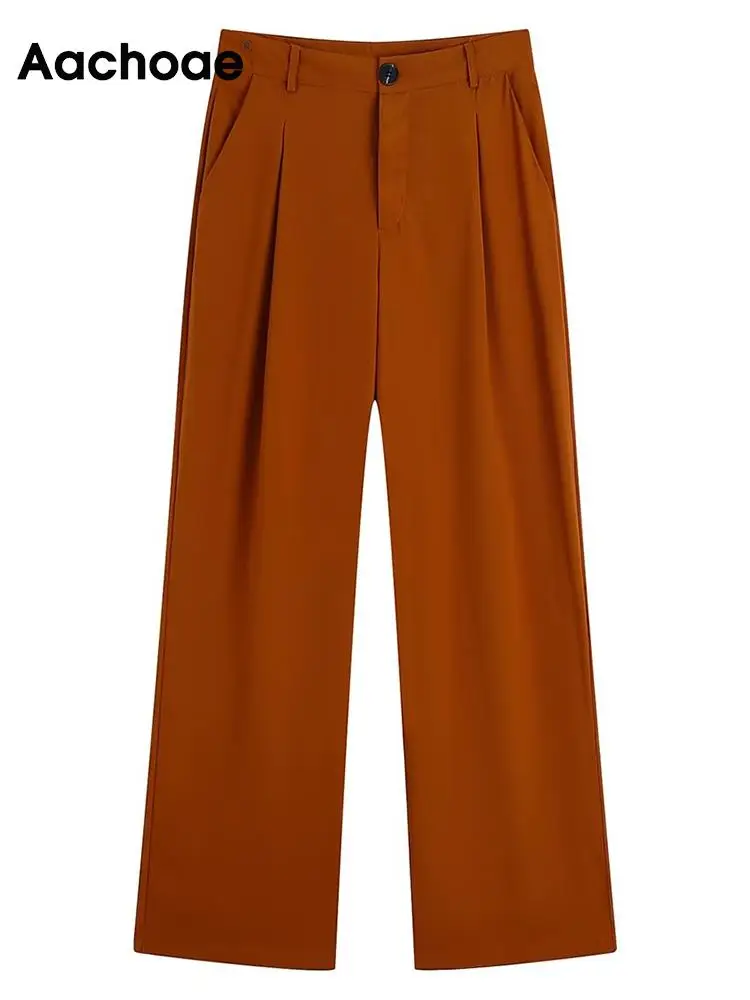 

Aachoae Women Fashion Solid Color Wide Leg Pants Casual High Waist Zip Up Pleated Pants Ladies Long Pants Pantalon Mujer