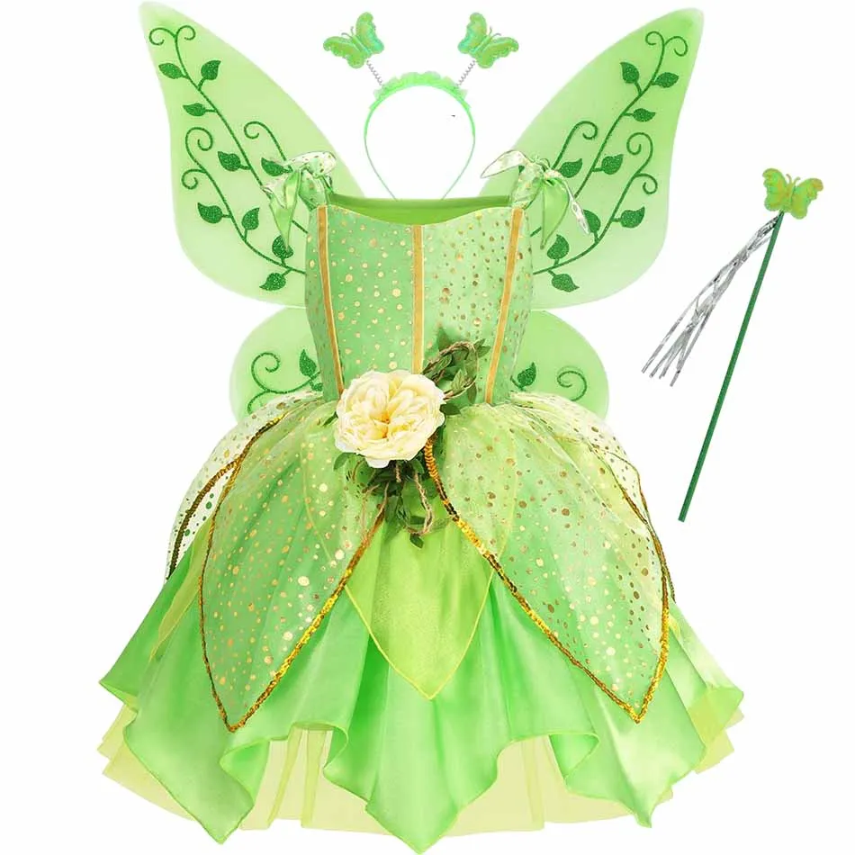 Disney Princess Tinker Bell Costume for Toddler Girls Fancy Halloween Birthday Party Cosplay Outfit Fairy Dress with Wings 2-8Y images - 6