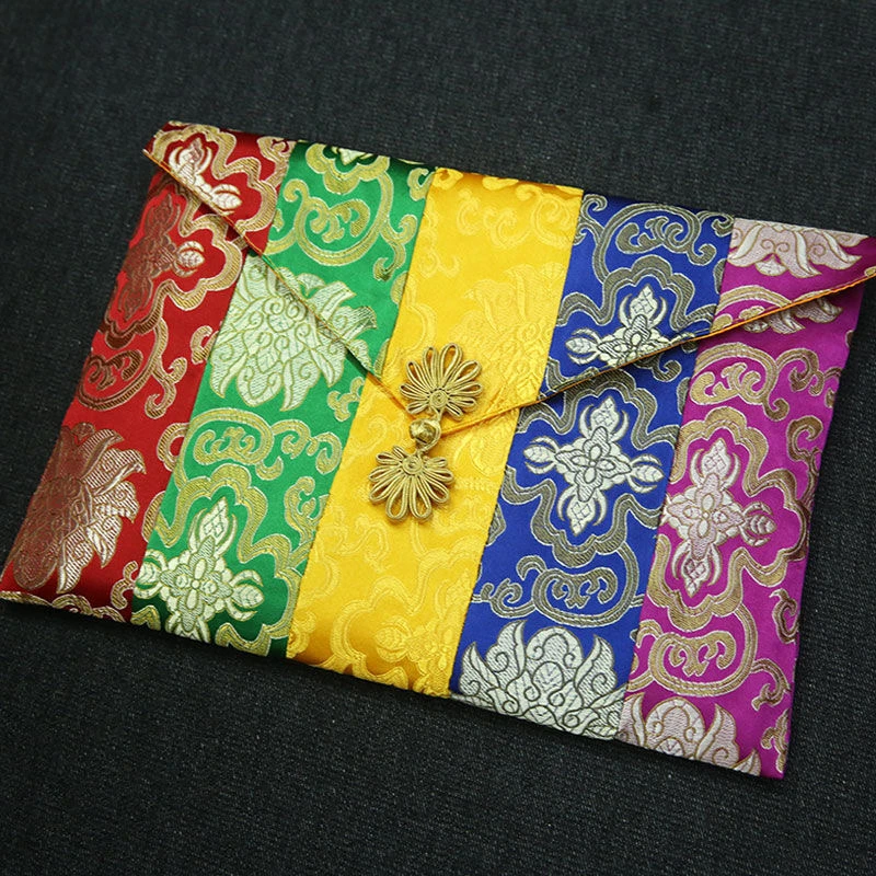 Colorful Buddhist Scripture Storage Bag Organizer Handicrafts Embroidery Satin Button Bag Good Luck Tibetan Home Gift Decorative