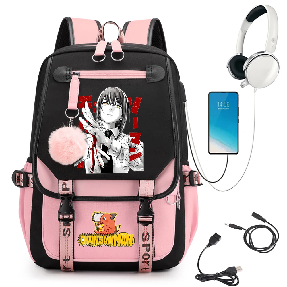 

Chainsaw Man Anime Women Backpack for Teenager Girls School Bag Usb Port Bookbag Denji and Pochita Kawaii School Bag Mochila