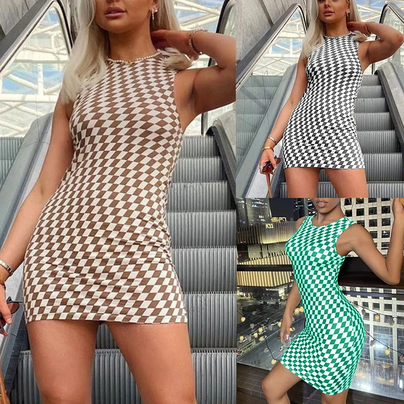 

Plaid Printed Close-fitting Sexy Dress Sleeveless Round Neck High Waist Slim Women Ladies Wild Fashion Package Hips Mini Dress