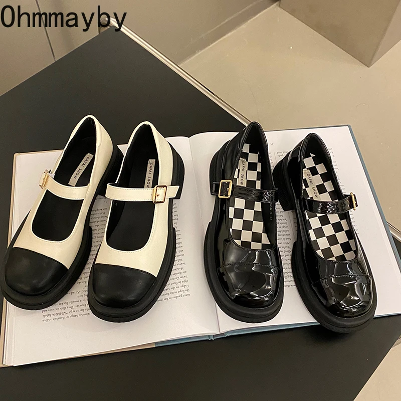 

2022 Designer Women Mary Jane Shoes Autumn Leahter Shoes Fashion Buckle Shallow Female Round Toe Mid Heel Elegant Woman Pumps