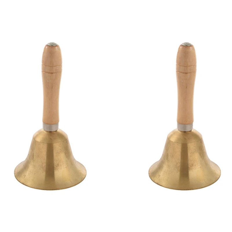 

2X Solid Brass Wooden Handle School Reception Dinner Wood Shop Hotel Hand Bell Gold