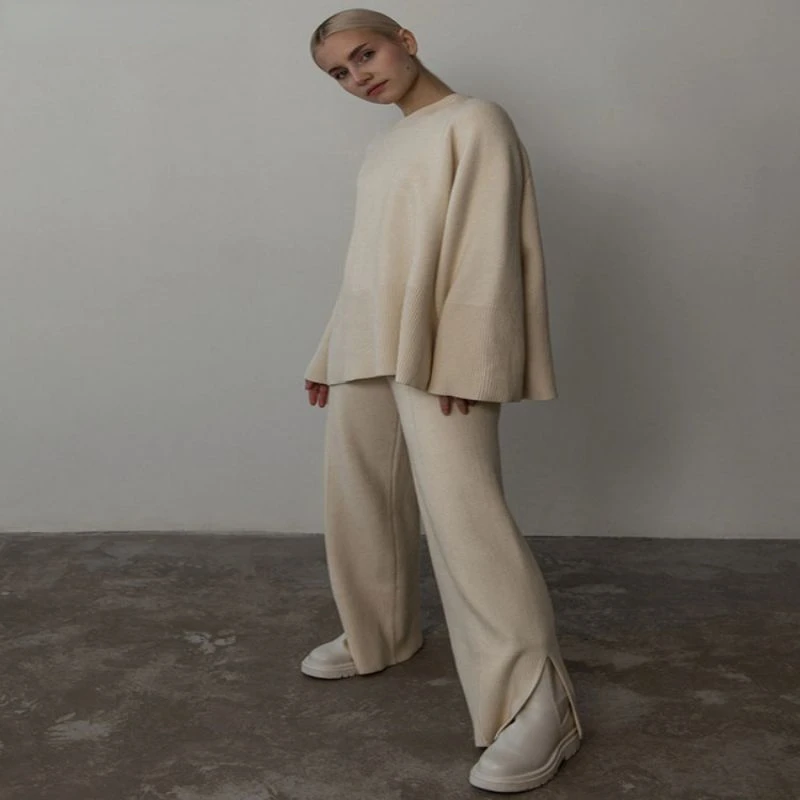 

Bornladies Autumn Oversized Two Piece Women Knitted Tracksuits Winter O Neck Sweater & split loose Pant 2 Piece Warm Set Out