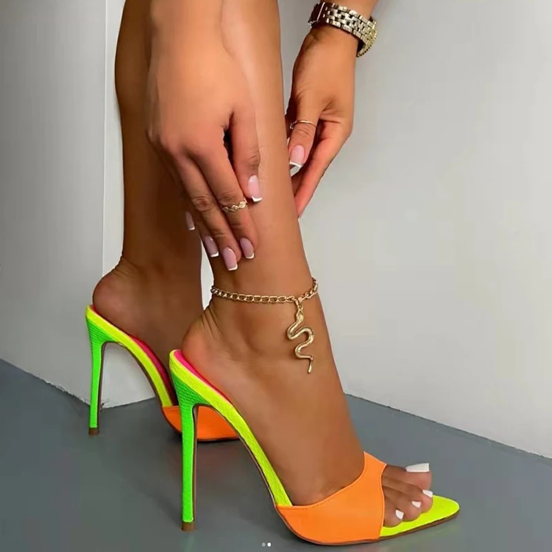 Summer Peep Toe Mixed Colors Pointed Stiletto High Heels Women's Slippers Slip On Slides Outdoor Simple Ladies Mules Shoes Pumps