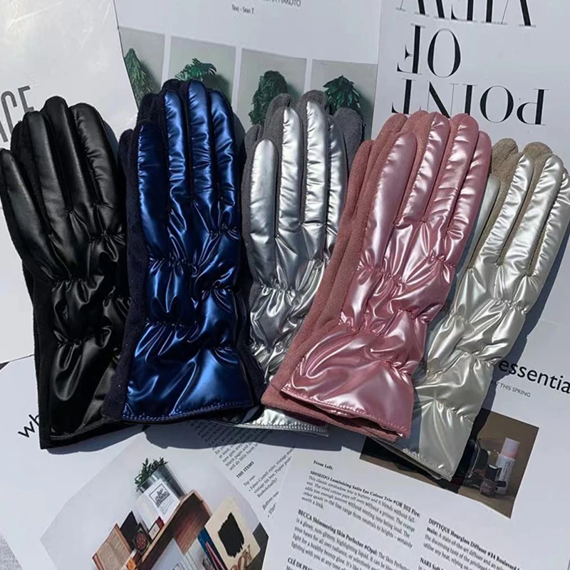 

Outdoor Winter Down Cotton Gloves Touch Screen Glossy Windproof Gloves Suede Warm Full Finger Mittens Driving Cycling Gloves