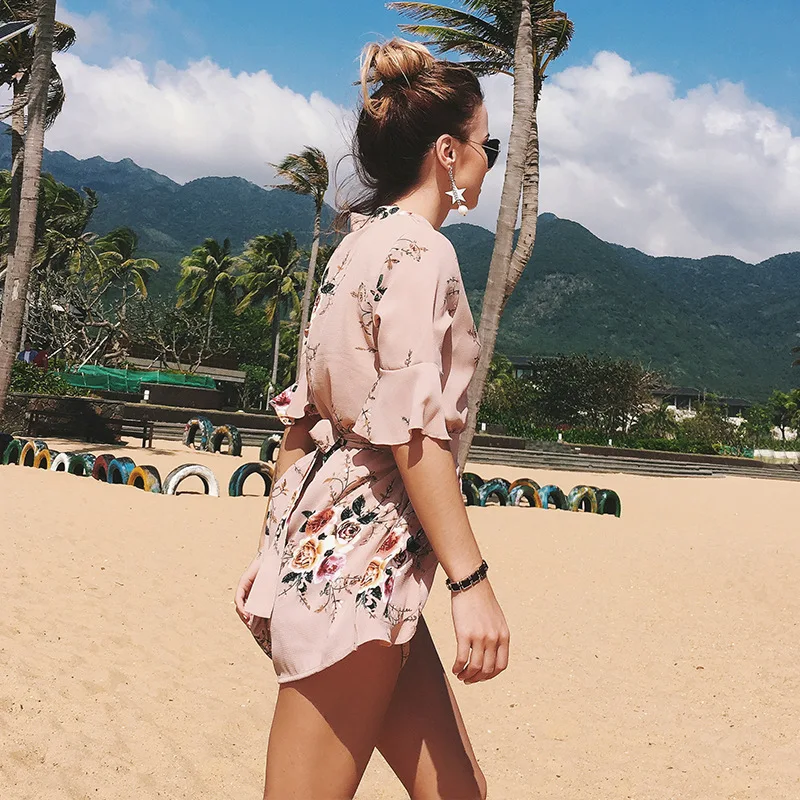Summer New Indie Women Jumpsuit Sexy V-neck Short Sleeve Bodysuit Shorts Floral Printed Boho Casual Kobieta Sukienka Rompers Y2k