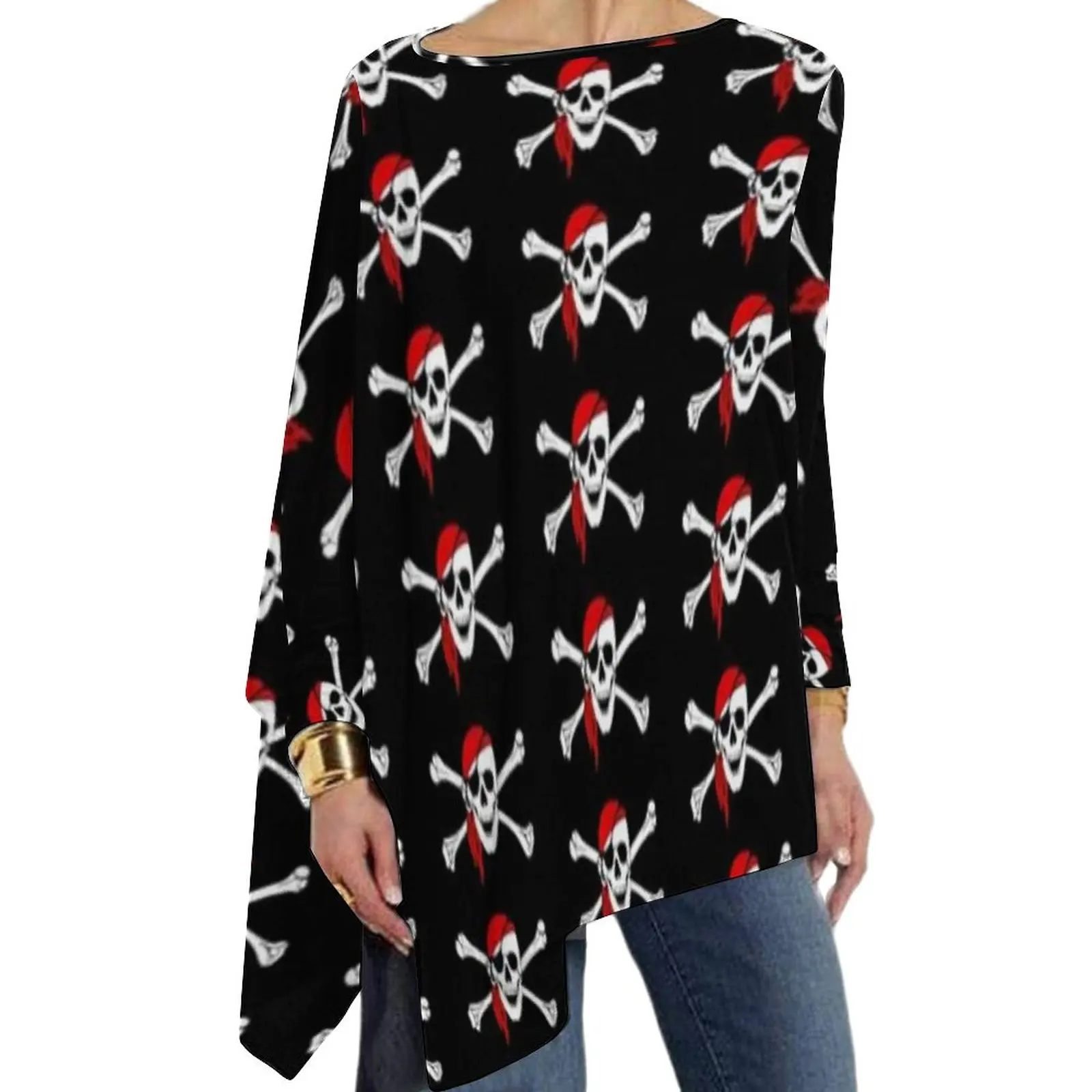 

Pirate Skull Print T-Shirts Jolly Roger Crossbones Casual Long-Sleeve T Shirt Pretty Pattern Tee Shirt Clothes Big Size 4XL 5XL