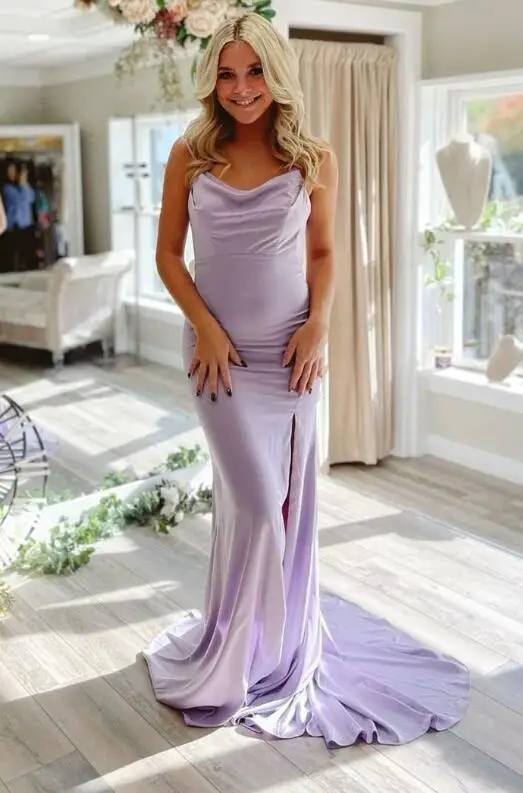 

Simple Design Spaghetti Straps Lace-up Back Party Dress with Side Split