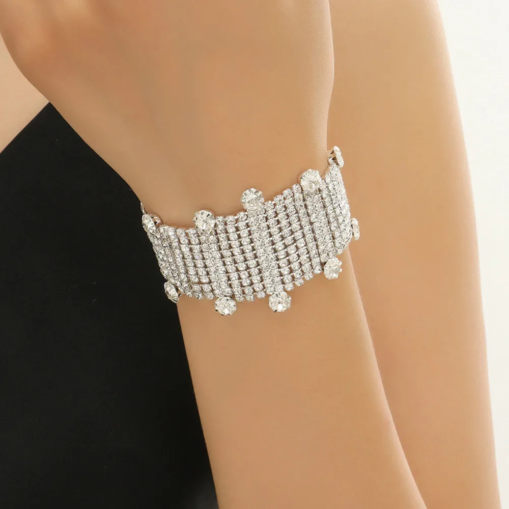 

INS Luxury Crystal Wedding Multiple Rows Wide Bracelet Hand Jewelry for Women Shiny Rhinestone Bridal Geometric Bangle Bracelets