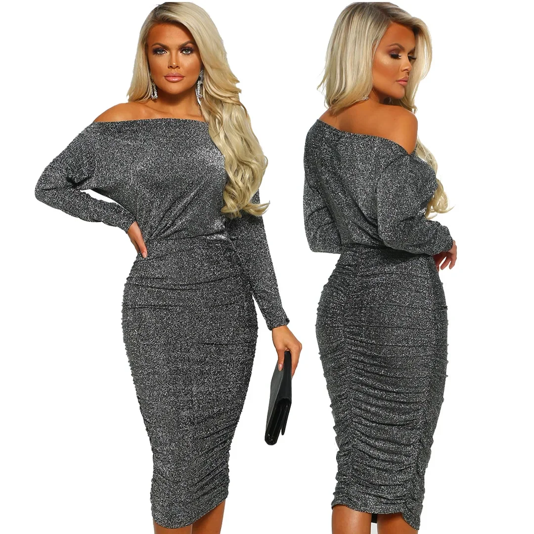 Модное стеганое женское платье с длинными рукавами и шнуровкой на плечах