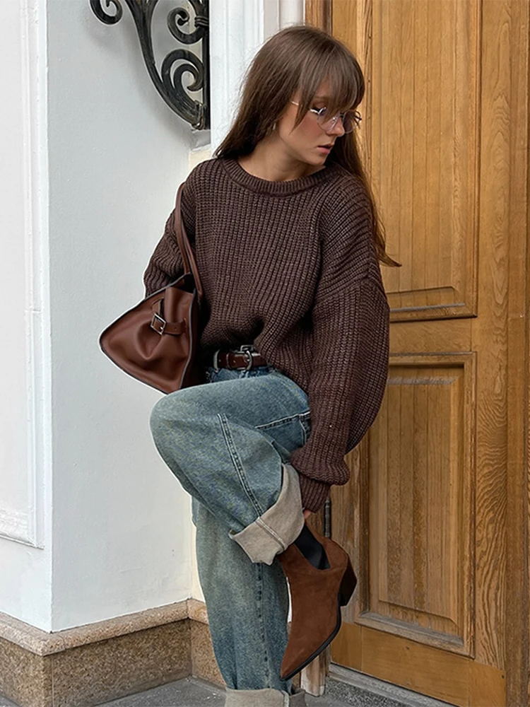 Винтажный вязаный женский свитер оверсайз с длинными рукавами-фонариками и