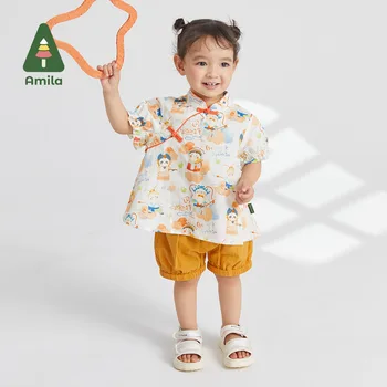 Amila Baby Girl Set 2023 Summer New Cute Peking Opera Print Chinese T-shirt + Bloomers 2 Piece Sets Casual Children Clothes 0-6Y 1