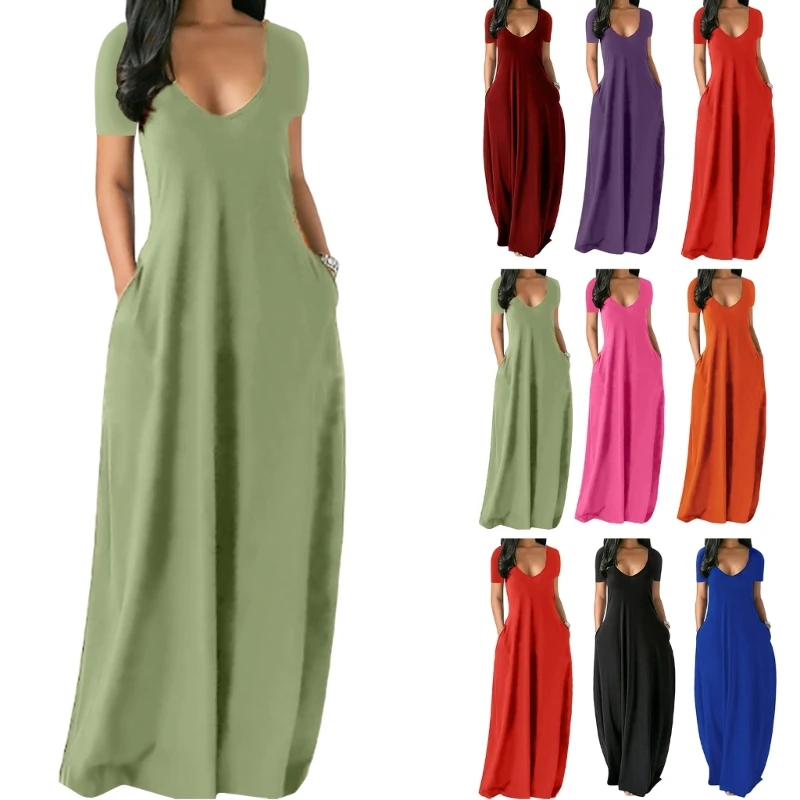 

Женские длинные платья, Повседневная летняя футболка с коротким рукавом, длинное платье с карманами