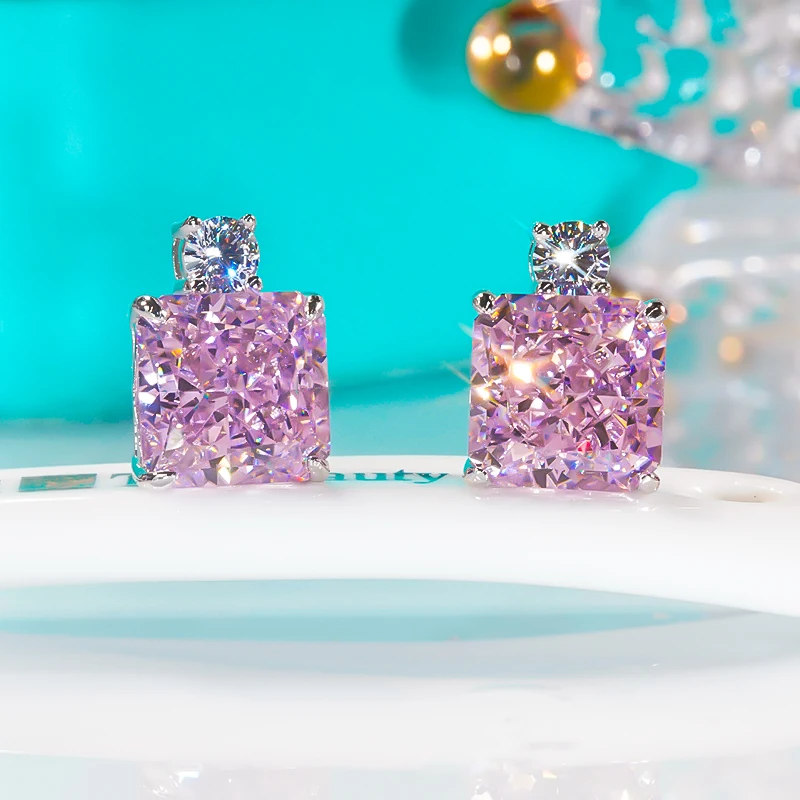 

QINHUAN модные простые серьги-гвоздики из стерлингового серебра в виде розовой шпинели прямоугольные премиум-ювелирные изделия Ретро подарок ...