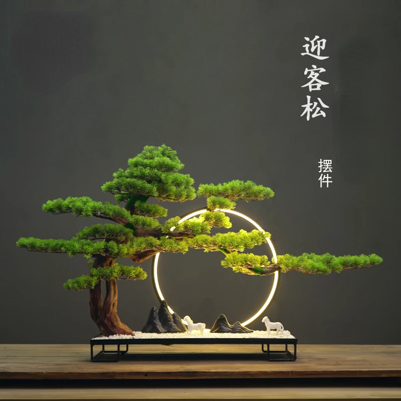

Zen lamp circle simulation welcome pine bonsai ornaments, entrance office, tea table, soft decoration, hotel landscaping