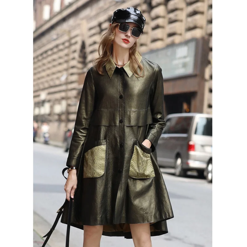 

Новинка 2022, модное комбинированное пальто, элегантное свободное кожаное пальто контрастных цветов средней длины с лацканами, Женское пальт...